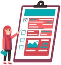 Arab woman in hijab holding pointer next to giant checklist. Muslim lady checking tasks, to do list