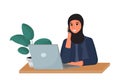 Arab woman in hijab on working place talking by phone and smiling isolated on white background stock vector illustration. Royalty Free Stock Photo