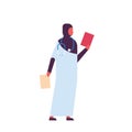 Arab woman holding clipboard medical doctor stethoscope profile icon healthcare concept arabic female character full
