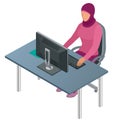 Arab woman, Muslim woman, asian woman working in office with computer. Attractive female Arabic corporate worker. Vector