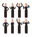 Arab woman standing with different hand gestures and face emotions. Female muslim vector characters set