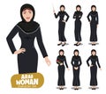 Arab woman teacher vector characters set. Saudi arabian female character teaching in friendly and surprise facial expression.