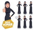 Arab woman vector characters set. Arabian beautiful female character in black traditional clothing with standing pose and gesture.