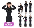 Arab woman vector characters set. Arabian female character in shocked, angry and happy facial expression for arabic lady cartoon.