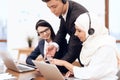 An Arab woman works in a call center. Royalty Free Stock Photo