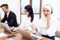 An Arab woman works in a call center. Royalty Free Stock Photo