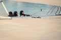 Arab women with happy faces in black burkini making selfie