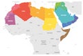 Arab World states political map with colorfully higlighted 22 arabic-speaking countries of the Arab League. Northern