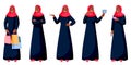 Arab woman in different poses. Arabic muslim female shopping, talking on phone, doing makeup. Vector illustration