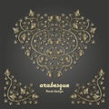 Arabesque golden floral pattern. Branches with flowers, leaves and petals