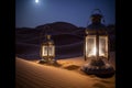 arabia sahara lantern and moon setup for greeting ramadan or eid mubarak cards,Generative AI