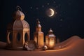 arabia sahara lantern and moon setup for greeting ramadan or eid mubarak cards,Generative AI