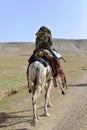 Arabian beduin man riding a white camel in the Israeli desert