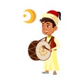 arabian boy playing drum on national festival cartoon vector