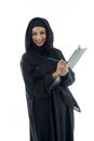 Arabian business woman holding a clipboard isolated