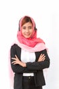 Arabian businesswoman call center operator wearing hea