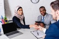 African american businessman with translator near Royalty Free Stock Photo