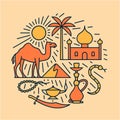 Arabian desert, vector outline illustration, icon set, travel background Royalty Free Stock Photo