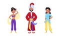 Arabian Fairy Tale Character with Arab Man and Woman Dressed in Fancy Apparel Vector Set Royalty Free Stock Photo