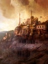 Arabian fantasy landscape with ruins of the eastern kingdom, with magic golden sky and clouds Royalty Free Stock Photo