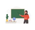 Arabian female teacher in classroom. Pedagogue with pointer at chalkboard. School and college concept. Vector Royalty Free Stock Photo
