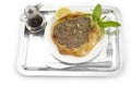 Arabian flatbread of beef with pine, `Lahme b ajeen` on white background Royalty Free Stock Photo