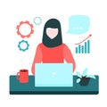 Arabian girl in hijab sitting at the table at home with laptop. Womens freelance. Concept illustration for working, studying,