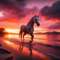 Arabian horse trots along beautiful beach at sunset Royalty Free Stock Photo