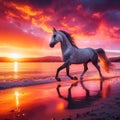 Arabian horse trots along beautiful beach at sunset Royalty Free Stock Photo