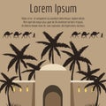 Arabian house, palm tree, camels background