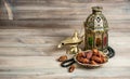 Arabian lantern, dates rosary. Islamic holidays concept