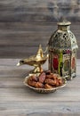 Arabian lantern, golden lamp, fruits. Ramadan kareem