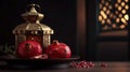 Arabian lantern and pomegranate fruits. Islamic holidays. Ramadan decoration. Generative AI