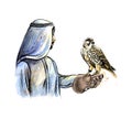 Arabian man with a falcon from a splash of watercolor