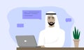 Arabian Man Work From Home, Color vector illustration in flat cartoon style