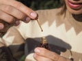 Arabian oud attar perfume or agarwood oil fragrances in mini bottle. Royalty Free Stock Photo