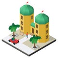 Arabian palace with car, bench, palm trees and people in isometric view