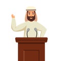 Arabian politician candidate speaks to people from tribune isolated on white background.