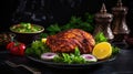 Arabian spicy food concept - homemade tandoori chicken served with salads, generative ai