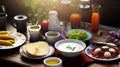 Arabian Traditional tasty Breakfast beans and eggs and falafel and fresh green salad