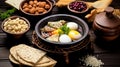 Arabian Traditional tasty Breakfast beans and eggs and falafel and fresh green salad