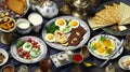 Arabian Traditional tasty Breakfast beans and eggs and falafel and fresh green salad