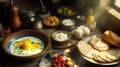 Arabian Traditional tasty Breakfast beans and eggs and falafel and fresh green salad