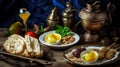 Arabian Traditional tasty Breakfast beans and eggs and falafel and fresh green salad