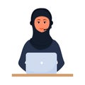 Arabian woman in hijab working, call center operator, support with laptop and headset isolated on white background