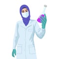 Arabian woman scientist in mask with sample of liquid. Vaccine research concept.