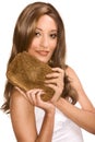 Arabian woman wearing wig and holding purse Royalty Free Stock Photo