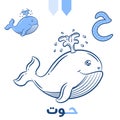 Arabic Alphabet worksheet letter learning with cute whale drawing sketch for coloring