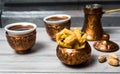 Arabic baklava with coffee in copper cups