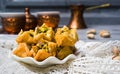 Arabic baklava with coffee in copper cups